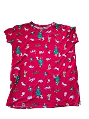 Joy Spun Red Holiday Print Night Shirt with Christmas Tree and Pets